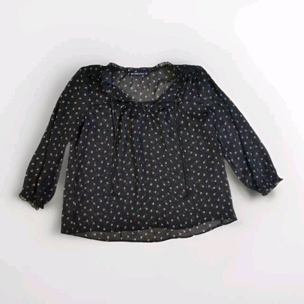 Abercrombie & Fitch Floral 3/4 Sleeve Tie Sheer Blouse Shirt Size Medium Black